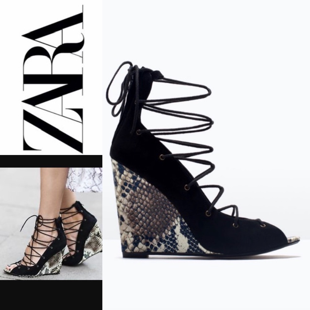 Zara Lace Up Printed Leather Wedge. SZ 9/40 EU
